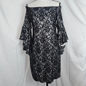 Bailey Blue Dress Women Large Black Silver Lace Sparkle Off Shoulder Bell Sleeve